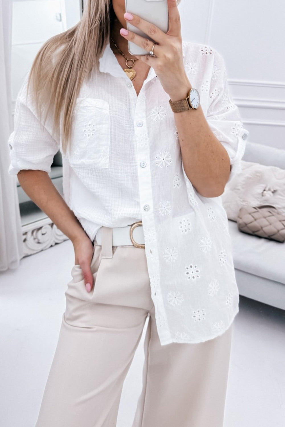 White Broidered Anglaise Crinkle Loose Shirt