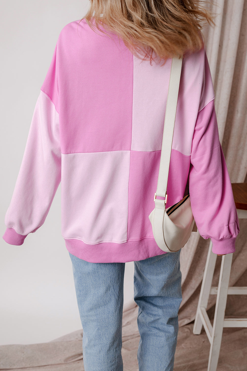 Pink Colorblock Henley High Low Oversize Sweatshirt