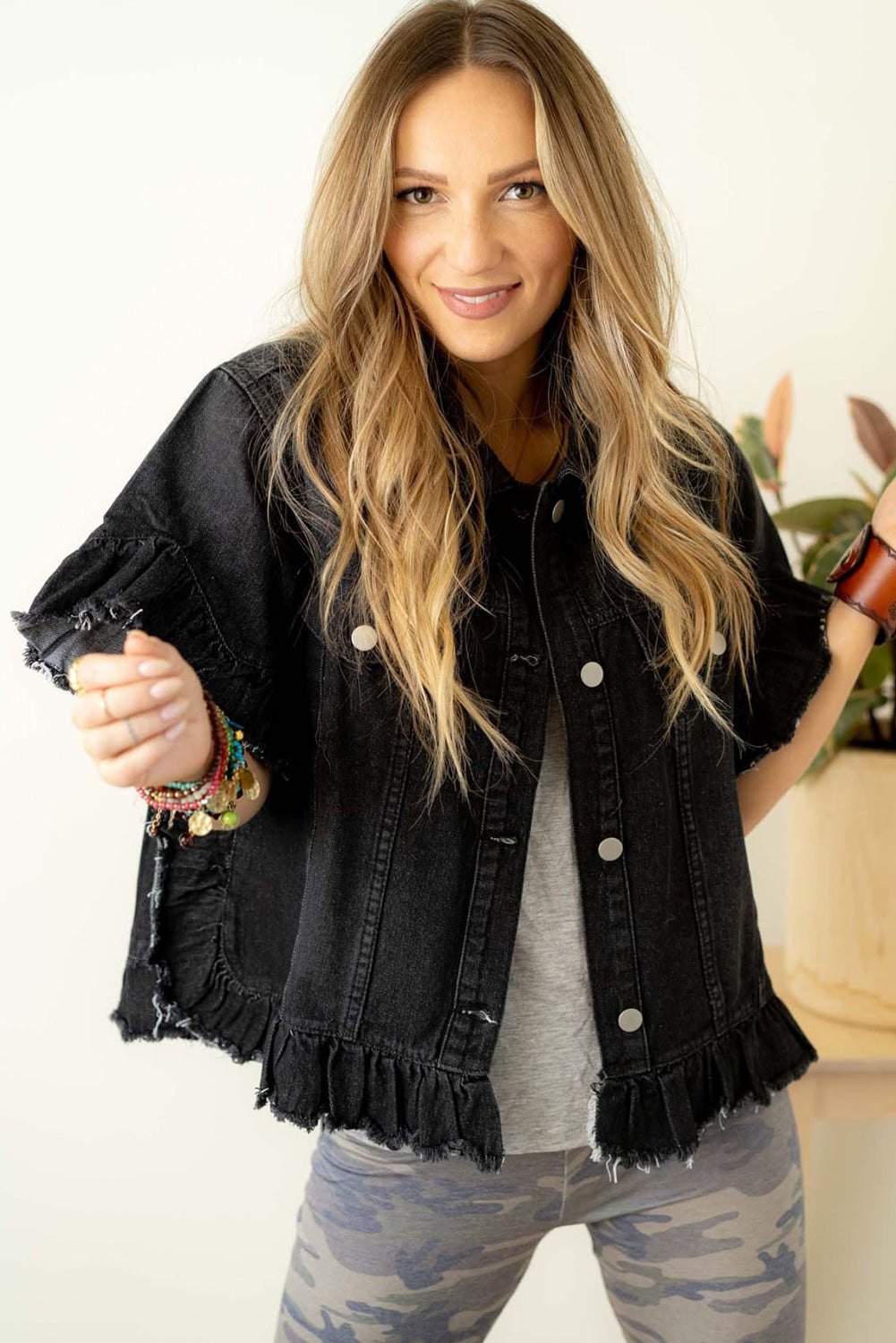 Black Raw Edge Ruffled Short Sleeve Denim Jacket