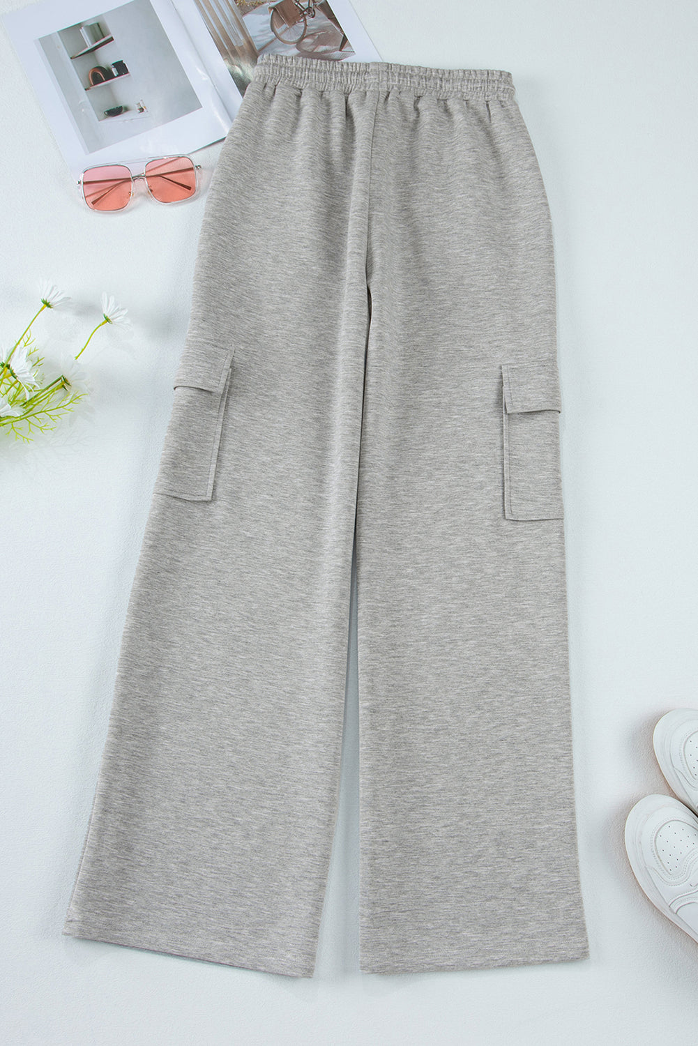 Light Grey Multi Pockets Lace-up High Waist Wide Leg Workout Pants