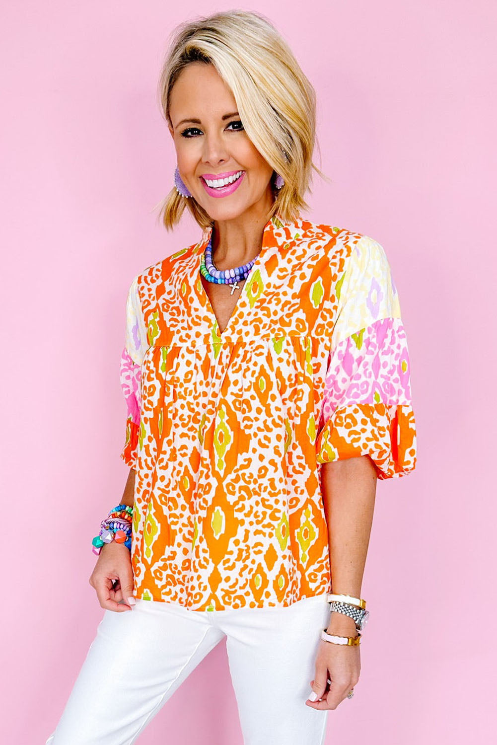 Orange Leopard Colorblock Puff Sleeve Split Neck Blouse