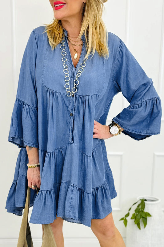 Sky Blue Chambray Ruffled 3/4 Sleeve Tiered Split V Neck Mini Dress