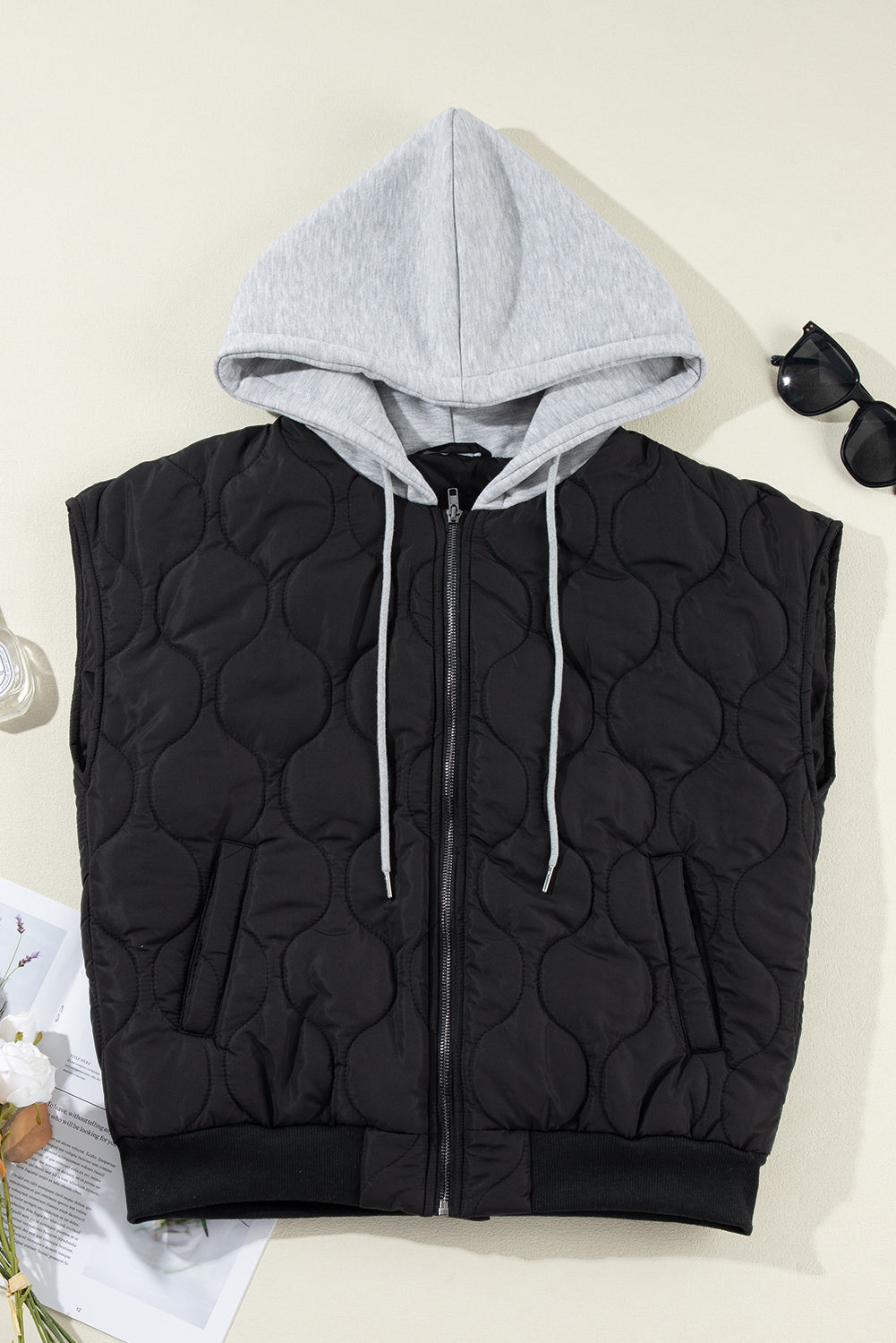 Black Quilted Drawstring Hooded Zip Up Puffer Vest