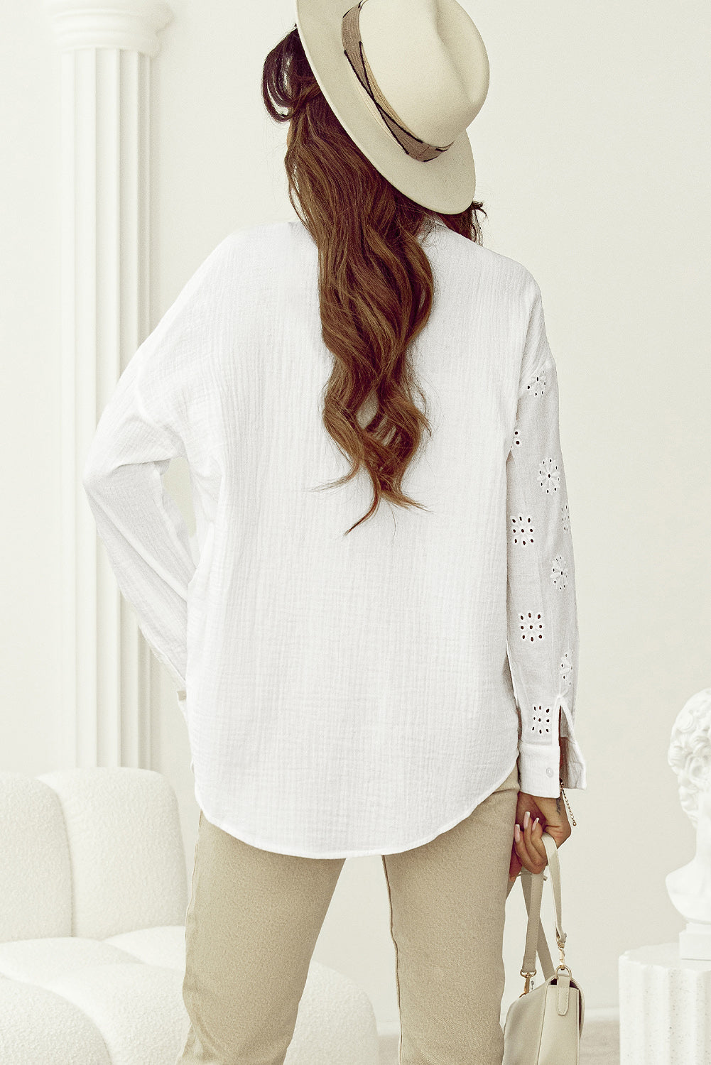 White Broidered Anglaise Crinkle Loose Shirt