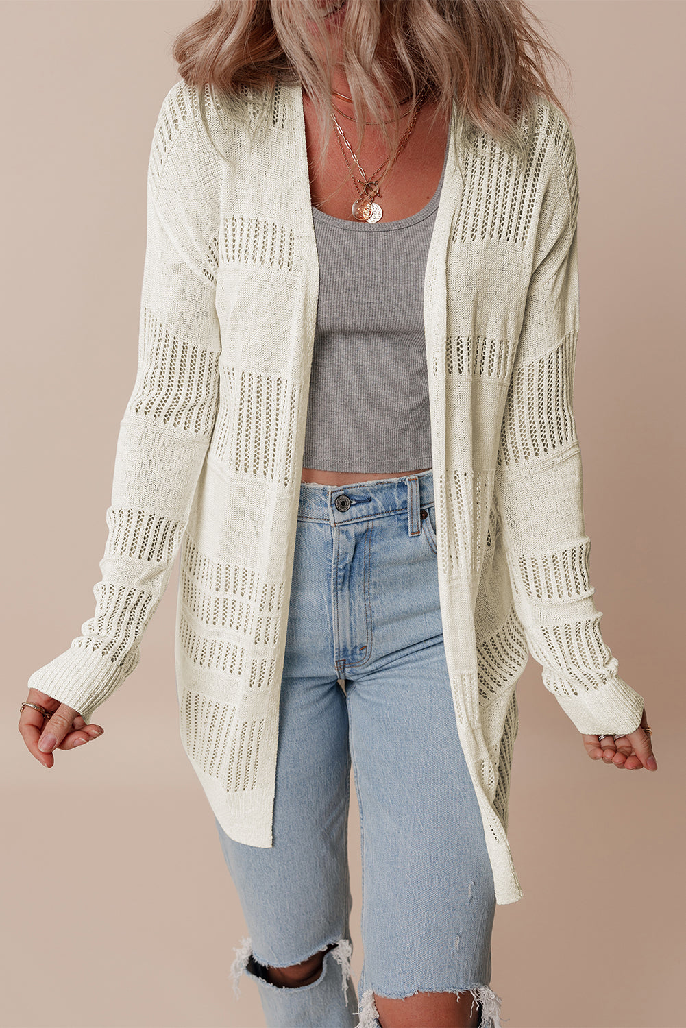 White Solid Color Lightweight Open Knit Tunic Cardigan