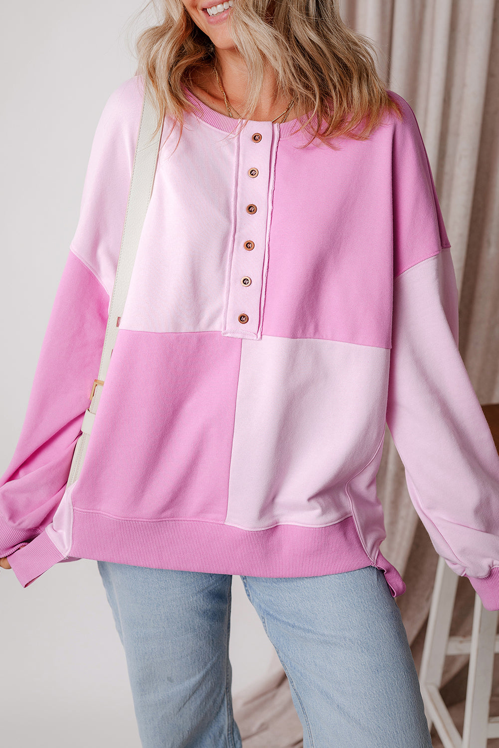 Pink Colorblock Henley High Low Oversize Sweatshirt