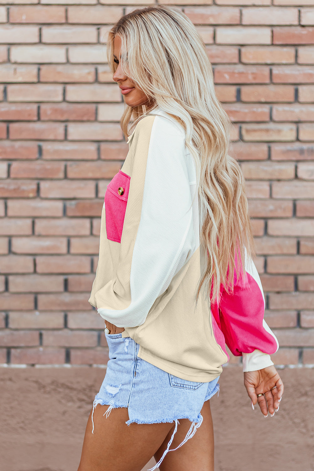 Rose Red Colorblock Ribbed Collared Oversized Sweatshirt