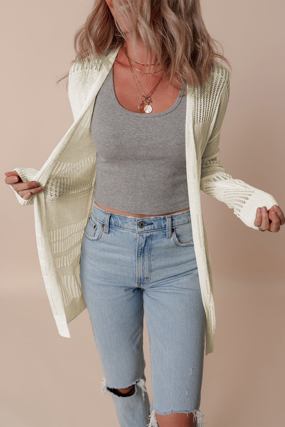 White Solid Color Lightweight Open Knit Tunic Cardigan